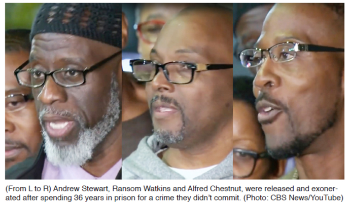 (From L to R) Andrew Stewart, Ransom Watkins and Alfred Chestnut, were released and exonerated after spending 36 years in prison for a crime they didn't commit. (Photo: CBS News/YouTube)